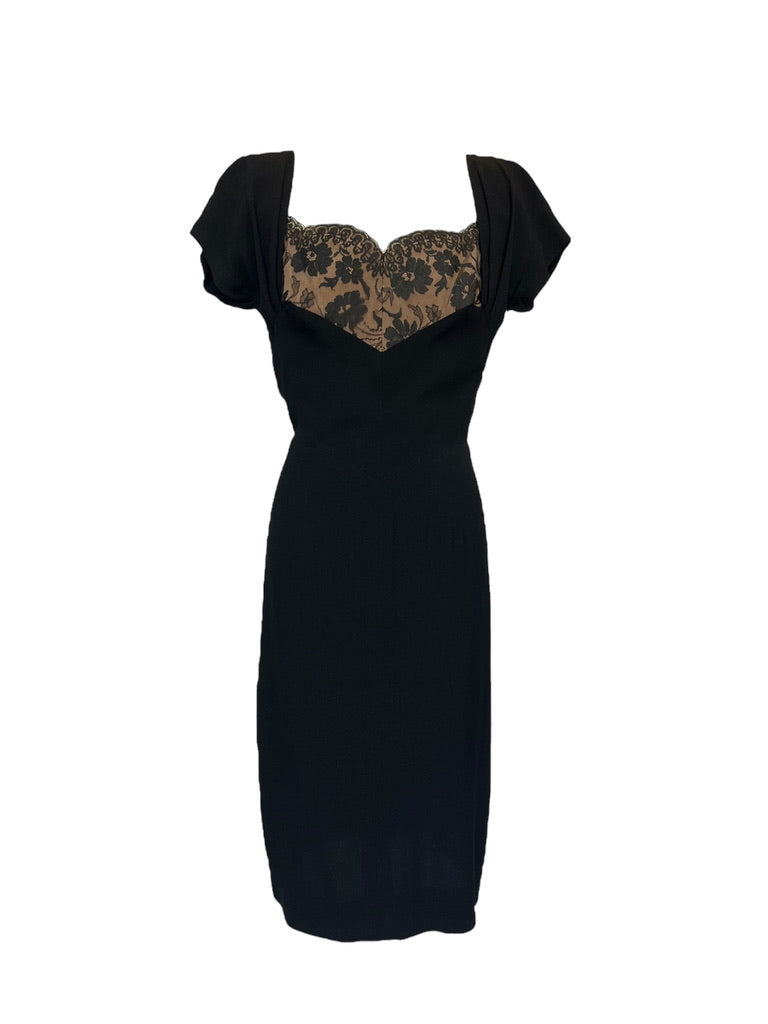 1950s Black Wiggle with Lace at Bust Dress