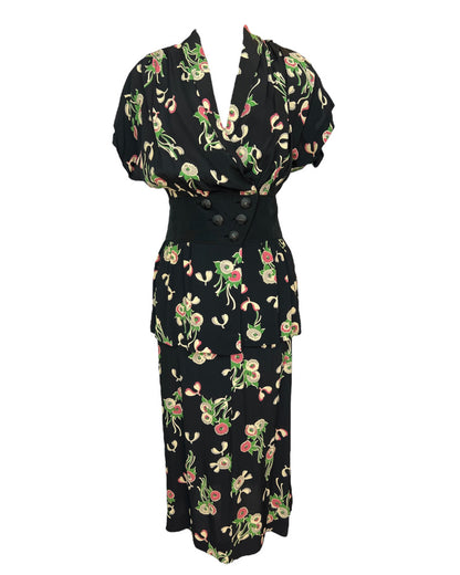 1940s Fashion by Florence Silk Floral Skirt Suit