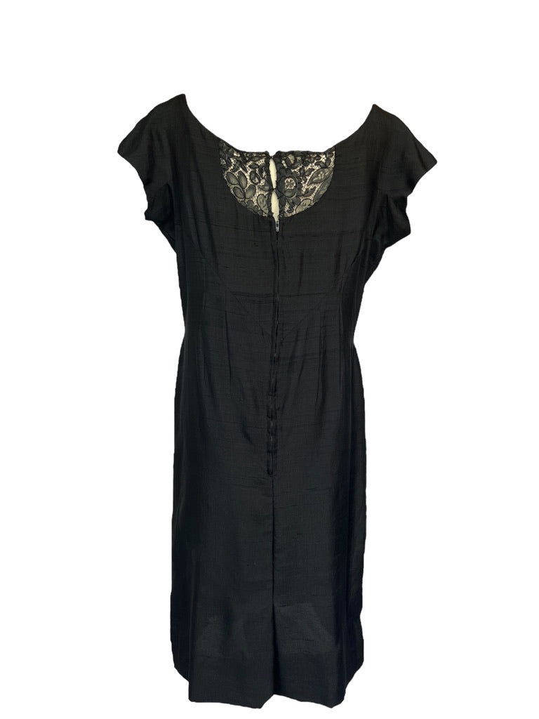 1940s Black Linen and Lace Dress