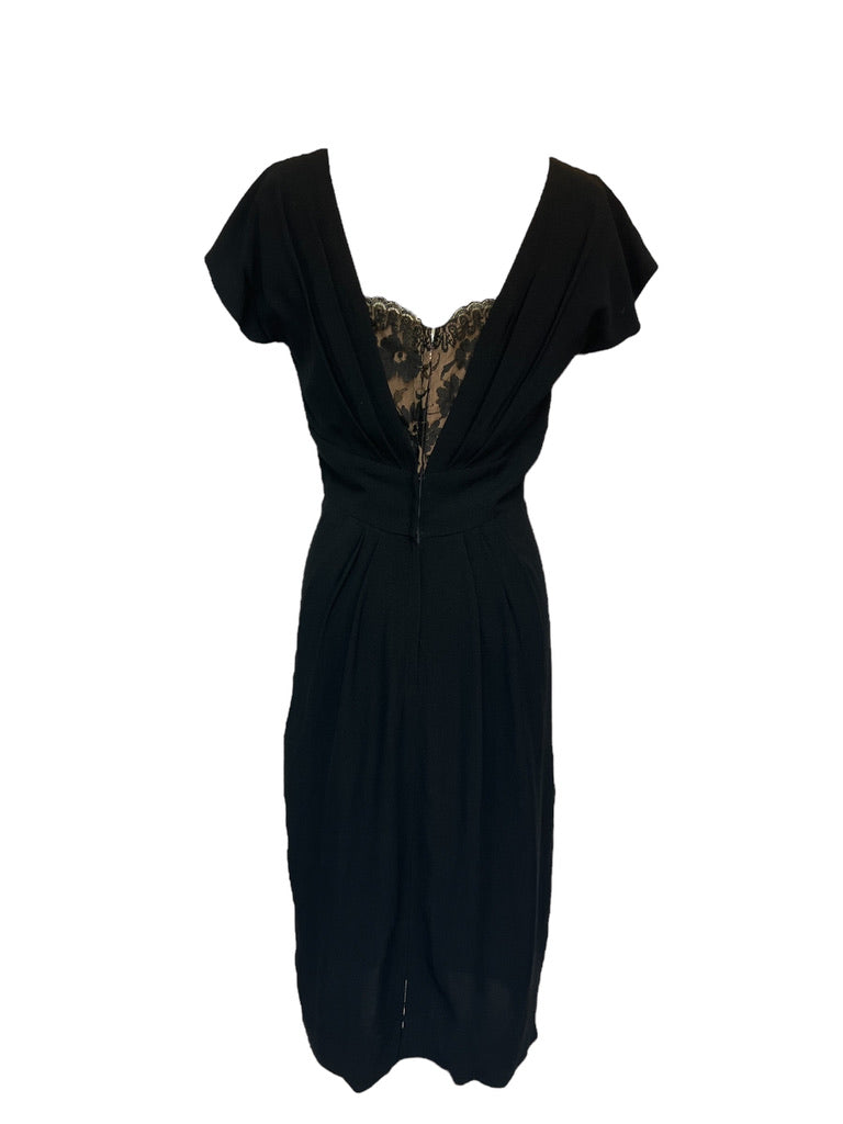 1950s Black Wiggle with Lace at Bust Dress