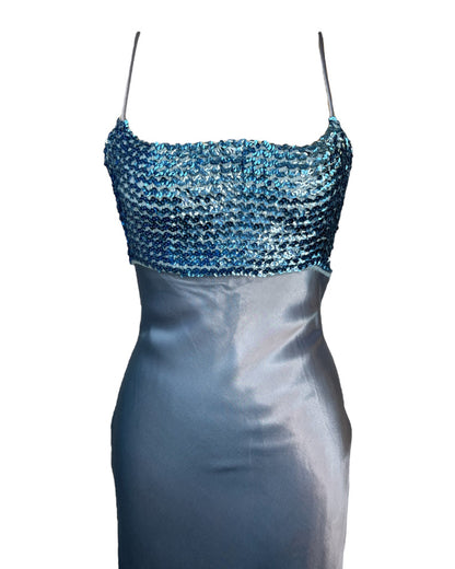 1990s Sequins and Periwinkle Satin Dress