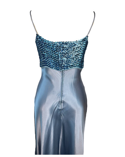 1990s Sequins and Periwinkle Satin Dress