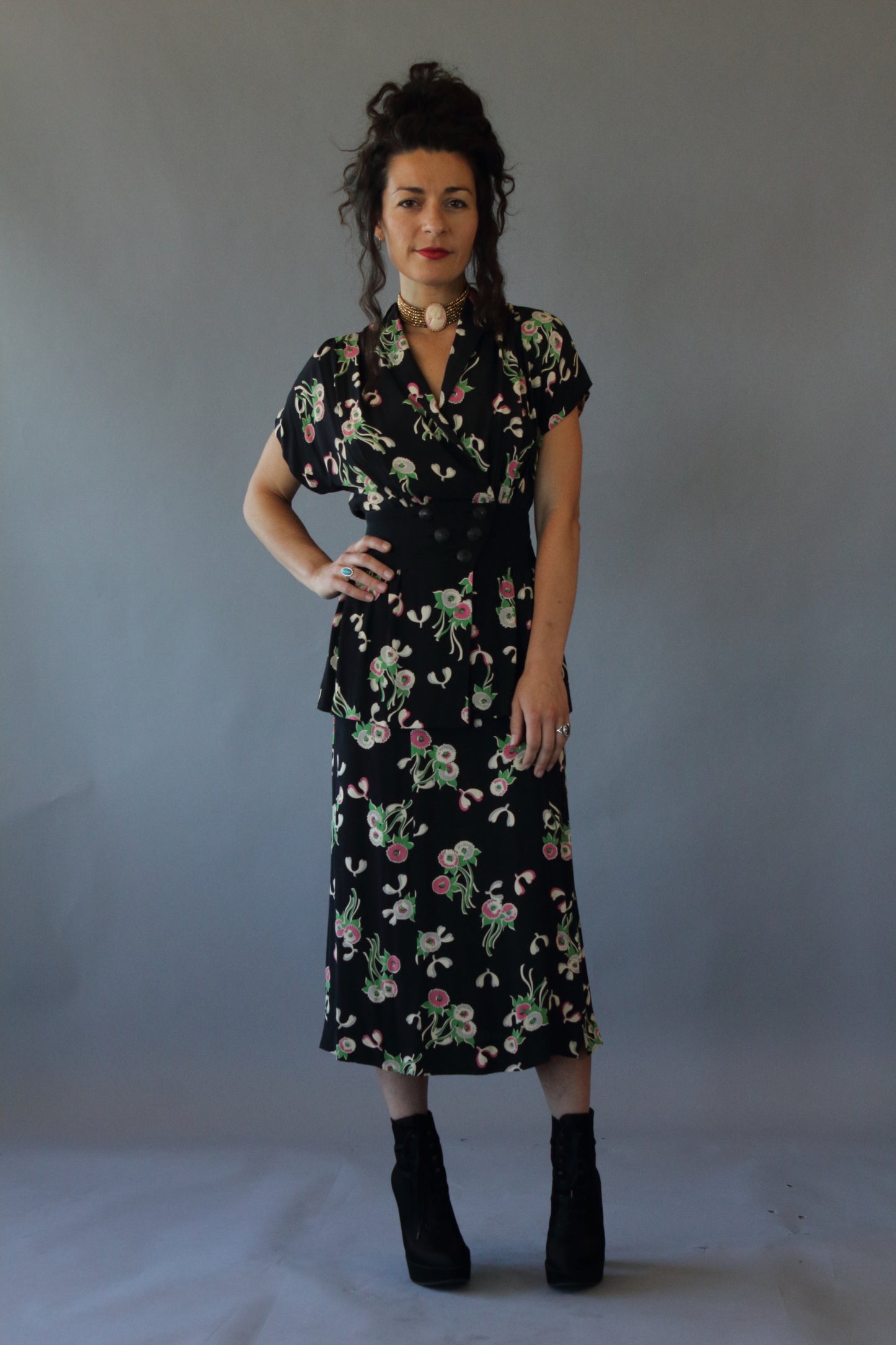 1940s Fashion by Florence Silk Floral Skirt Suit