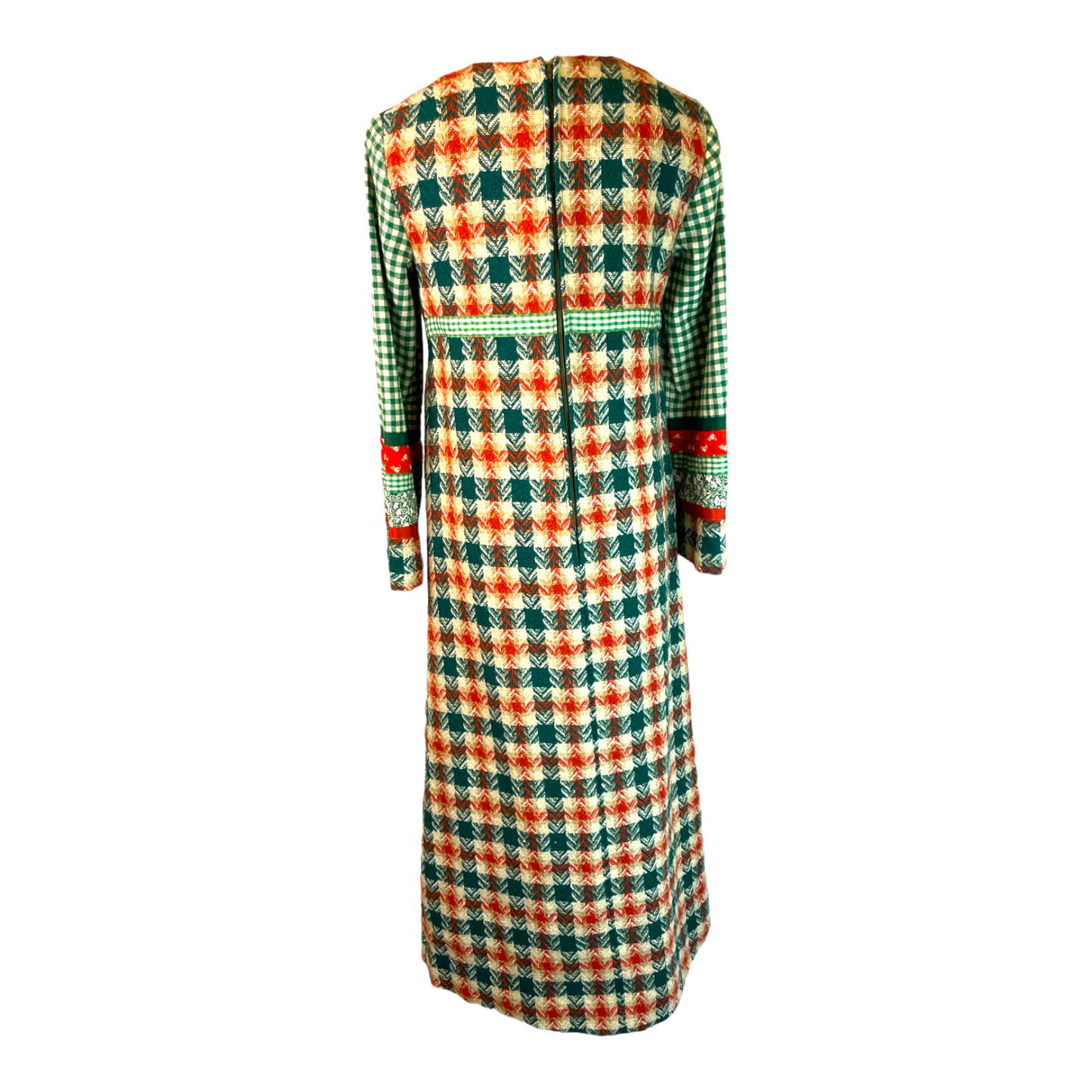 1970s Green and Orange Gingham and Tweed Dress