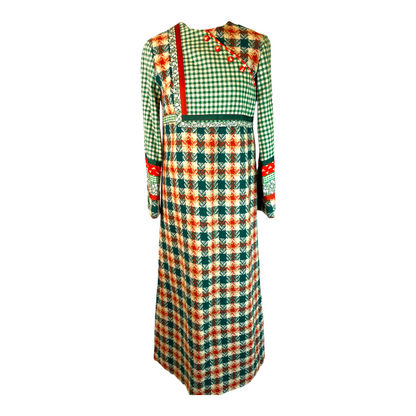 1970s Green and Orange Gingham and Tweed Dress
