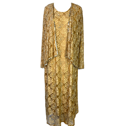 1990s Gold Lace Beaded Dress Set